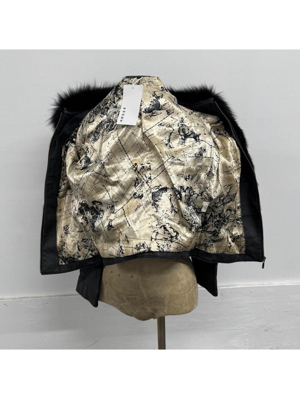 Vintage Y2K Jet Black Real Fox Rabbit Fur Leather Belted Jacket - Picture 5 of 8